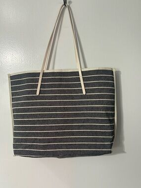 Lancôme Striped Black & Cream Canvas Tote Bag with Cream Handles Great Size